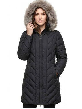 Anne Klein Hooded Down-Filled Puffer Coat Jacket, Black, Womens Size Large